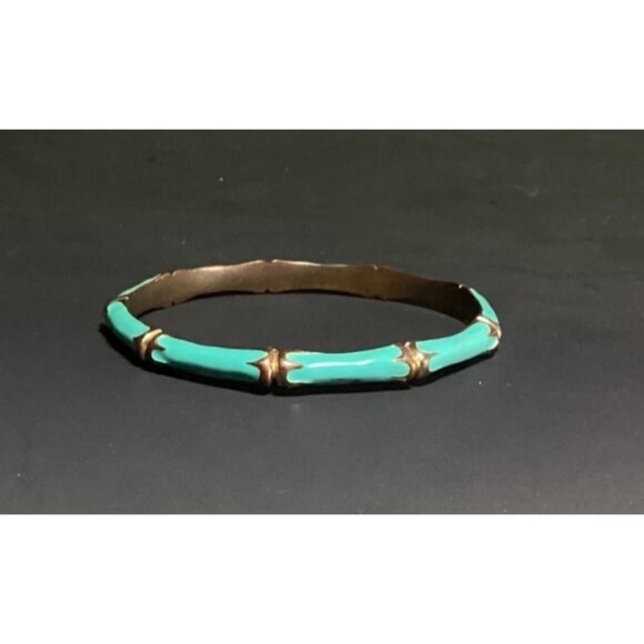 Vtg Fornash Gold Tone Metal and Pastel Teal Enamel Bangle Bracelet Bamboo Design - Picture 5 of 9